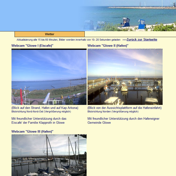 Webcam Glowe, zeigt drei Webcams, eine mit Blick auf Strand, auf den Hafen und die dritte mit Blick auf die Liegeplätze im Hafen.