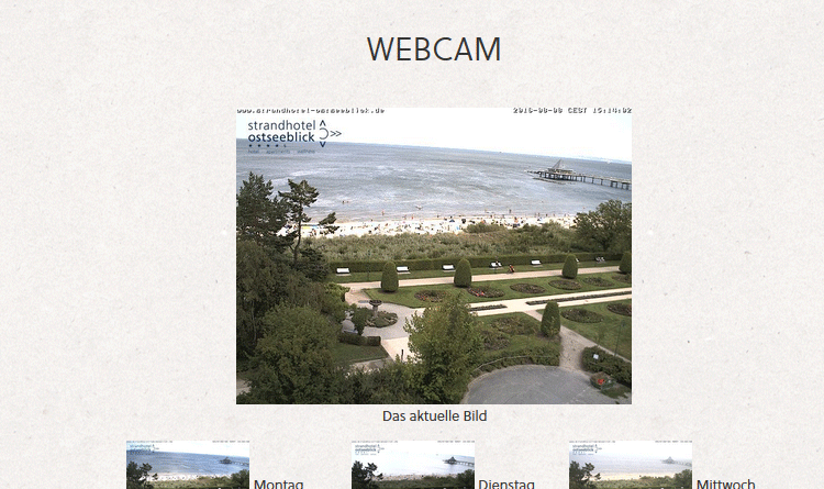 Webcam Heringsdorf blickt über den Strand und die Promenade bis zum Kopf der Seebrücke von Heringsdorf